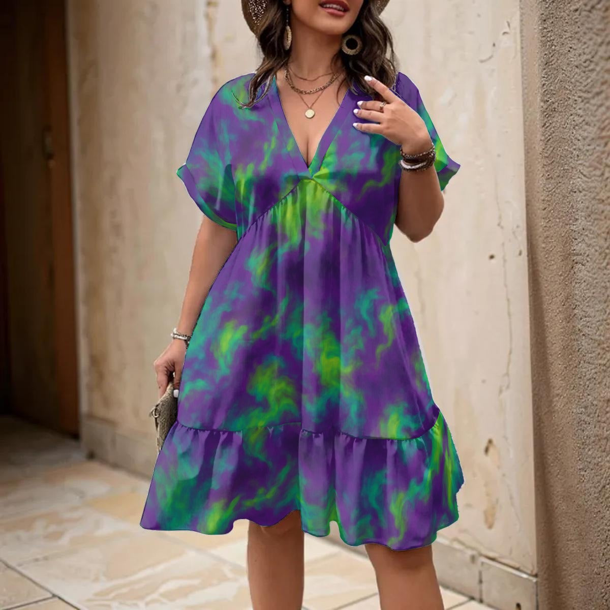 Unisex Women’s Floral V-Neck Short Sleeve Dress