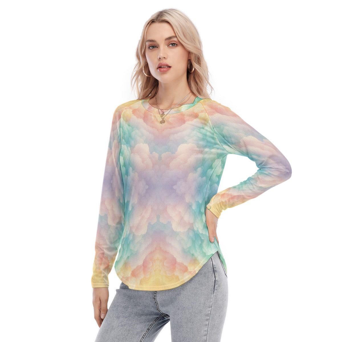 Women's Raglan Sleeves U-Shaped Hem Long Sleeves Blouse