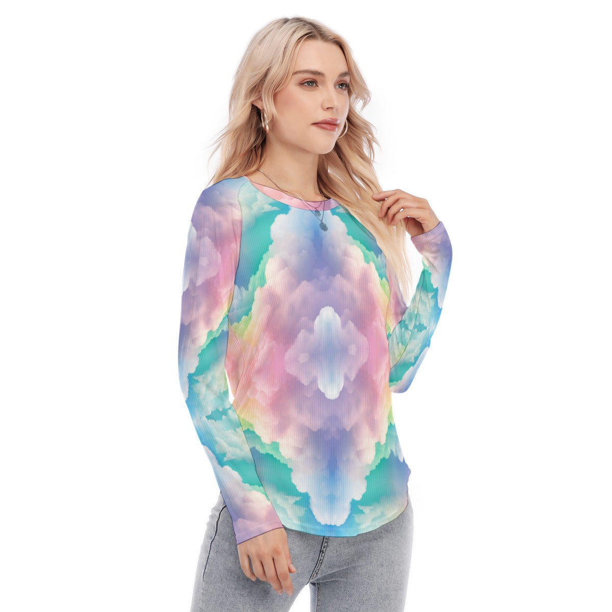 Women's Raglan Sleeves U-Shaped Hem Long Sleeves Blouse