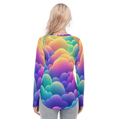 Women's Raglan Sleeves U-Shaped Hem Long Sleeves Blouse