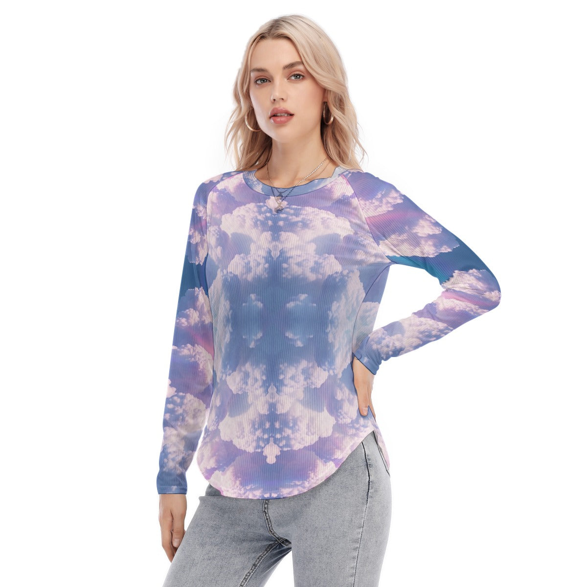 Women's Raglan Sleeves U-Shaped Hem Long Sleeves Blouse
