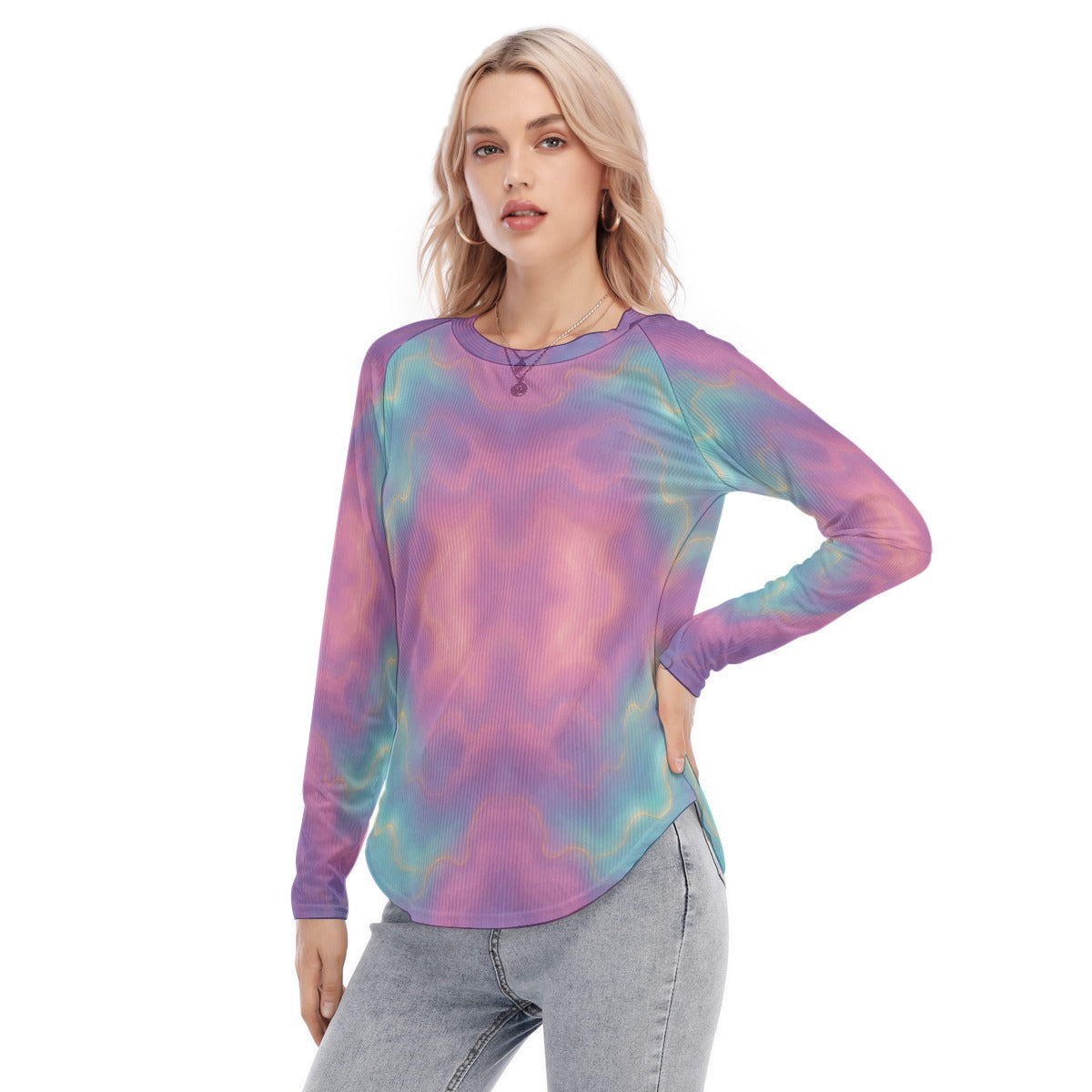 Women's Raglan Sleeves U-Shaped Hem Long Sleeves Blouse