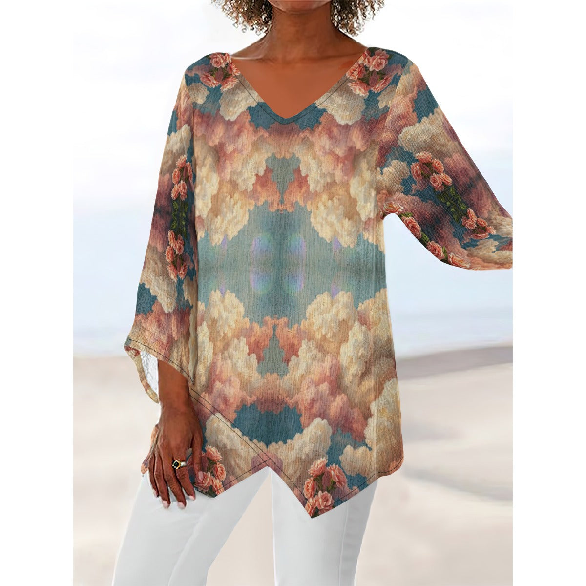 Women's V-neck T-shirt With Irregular Hem