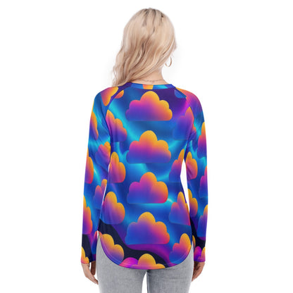Women's Raglan Sleeves U-Shaped Hem Long Sleeves Blouse