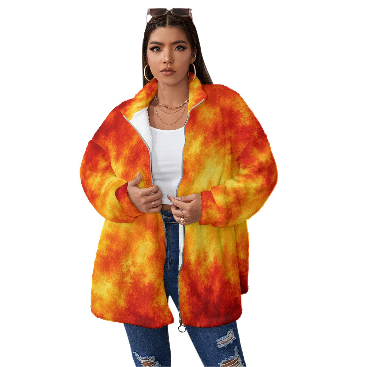 Unisex Borg-Fleece Stand-Up Collar Zip Coat — Plus Size - view 1