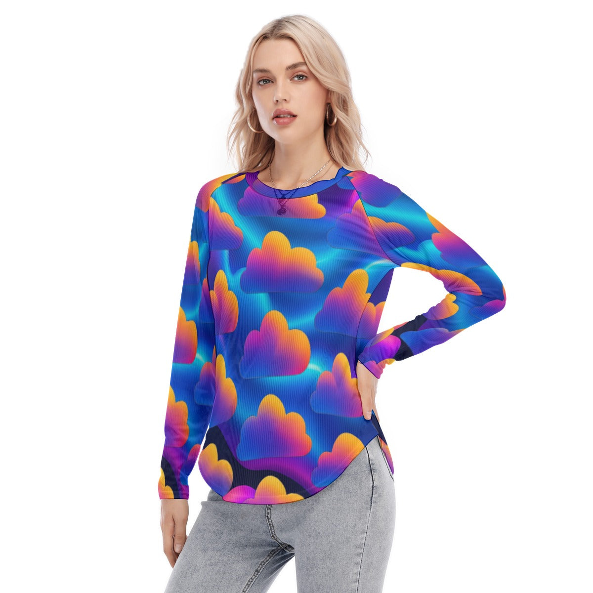 Women's Raglan Sleeves U-Shaped Hem Long Sleeves Blouse