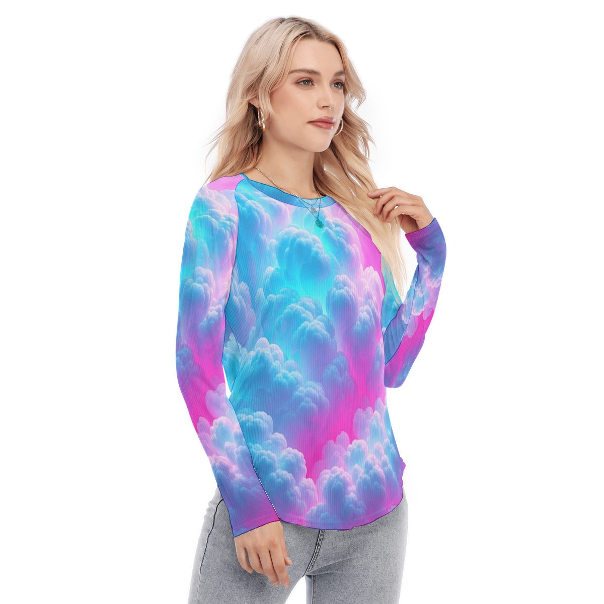 Women's Raglan Sleeves U-Shaped Hem Long Sleeves Blouse