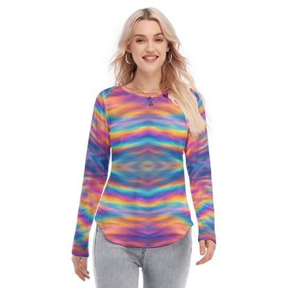 Women's Raglan Sleeves U-Shaped Hem Long Sleeves Blouse