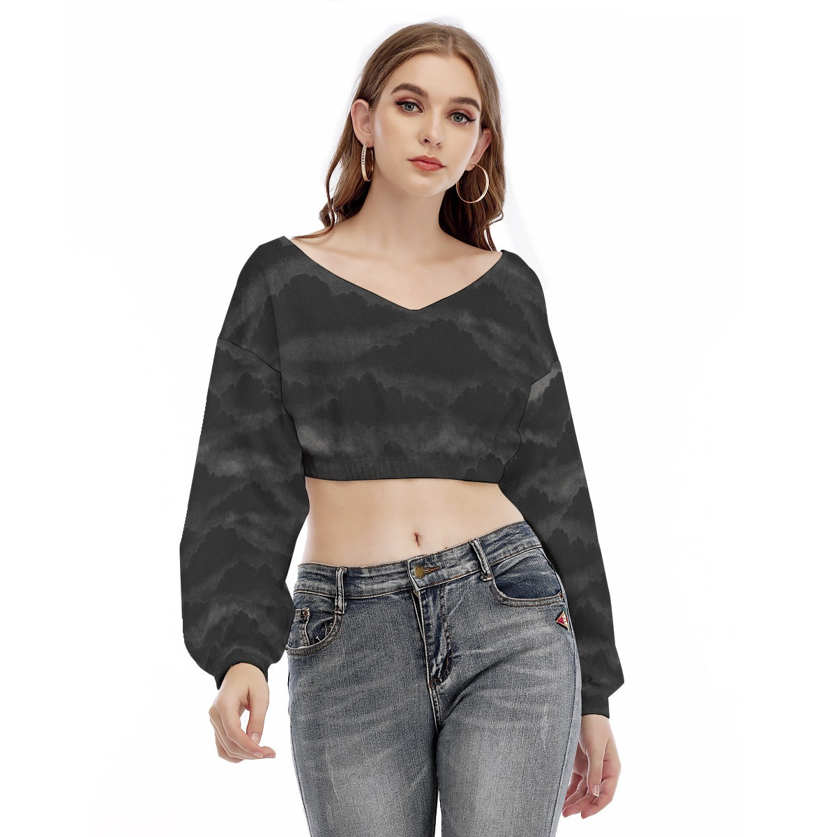 Women's V-neck Long Sleeve Cropped Sweatshirt