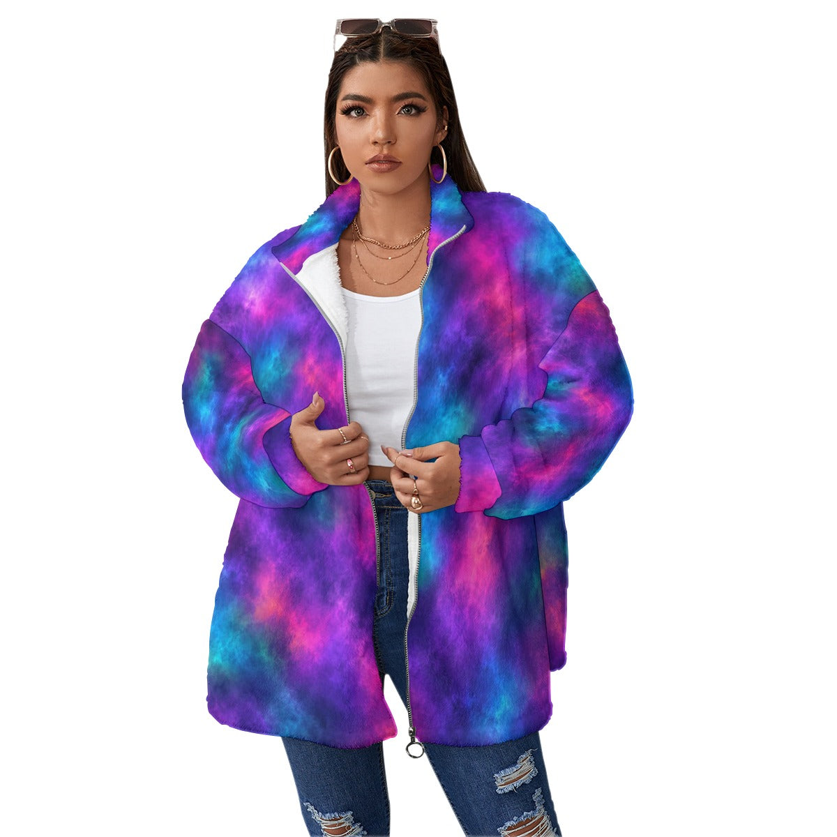 Unisex Borg-Fleece Stand-Up Collar Zip Coat — Plus Size - view 1