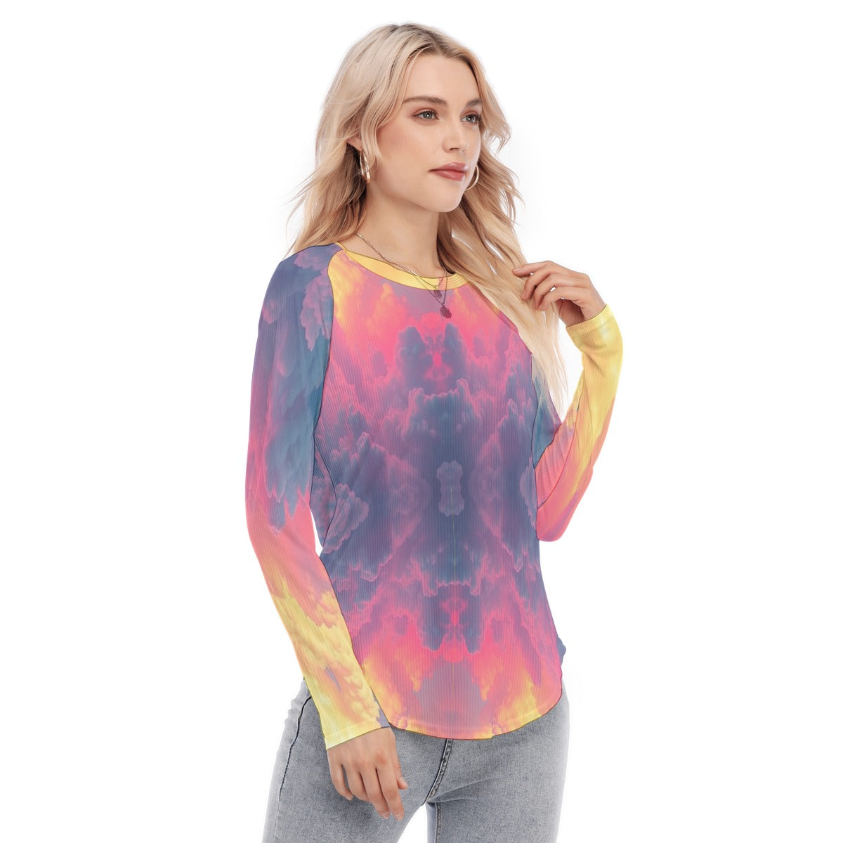 Women's Raglan Sleeves U-Shaped Hem Long Sleeves Blouse