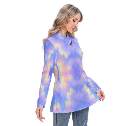 Women's Long-sleeved Heap-neck Slim Casual Tunic Blouse