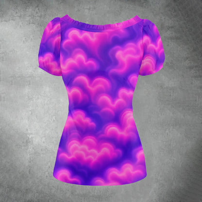 All-over print Women's Puff Sleeve Pleated Shirt