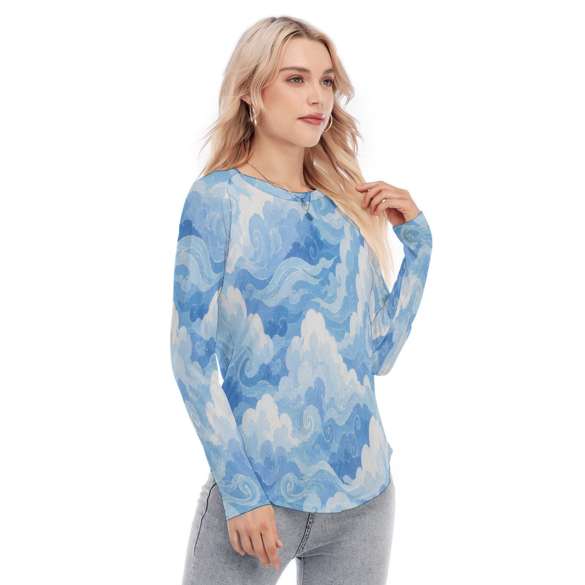 Women's Raglan Sleeves U-Shaped Hem Long Sleeves Blouse