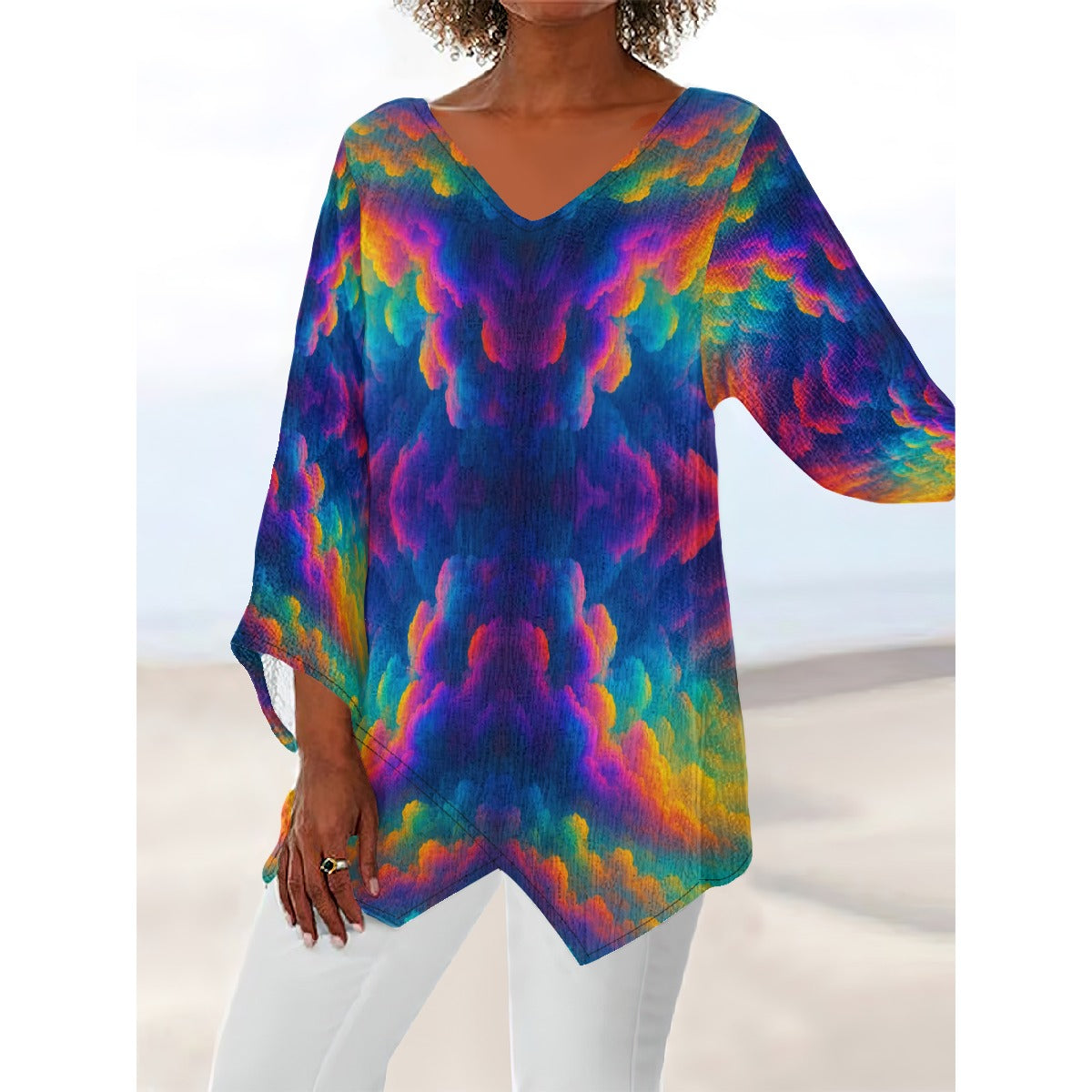 Women's V-neck T-shirt With Irregular Hem