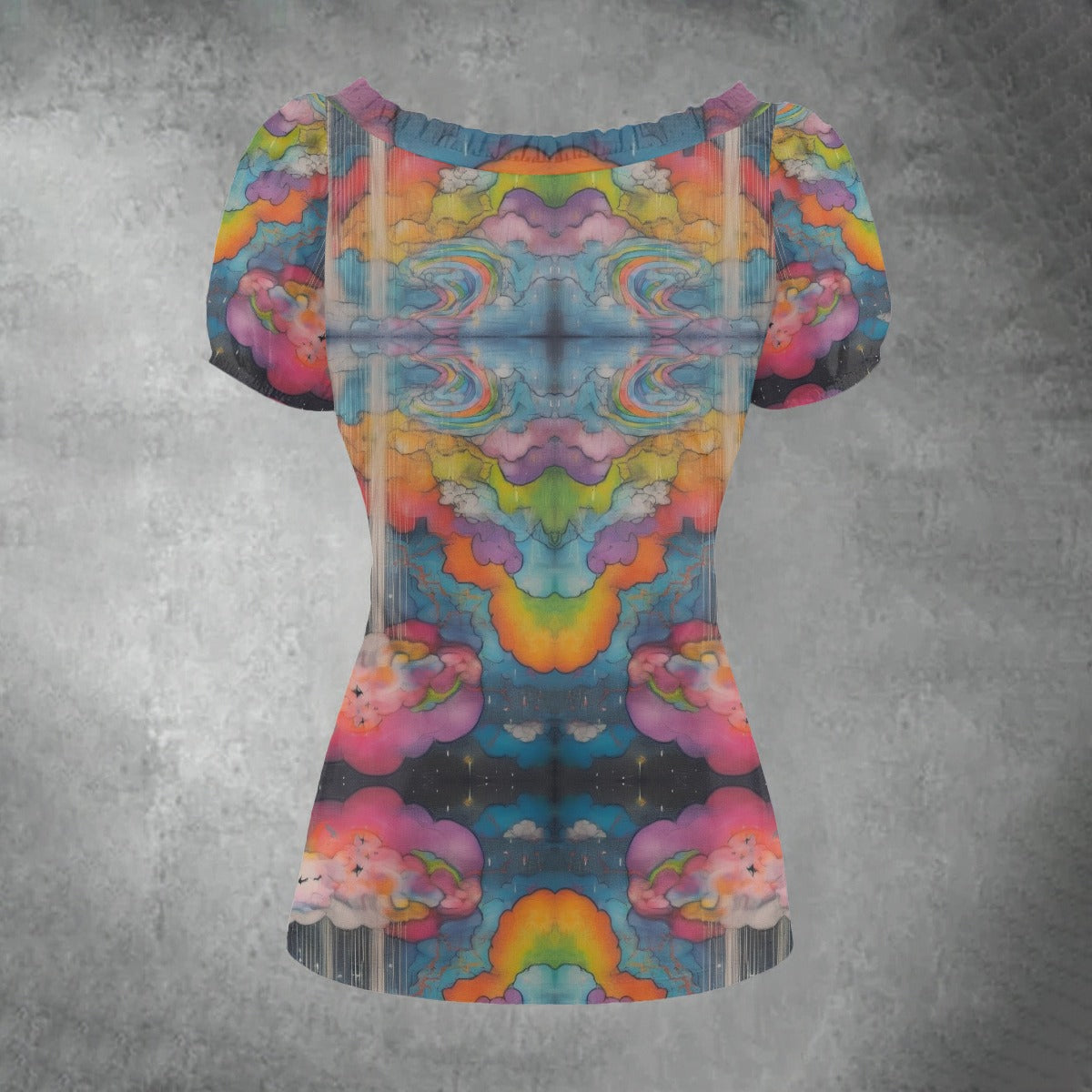 All-over print Women's Puff Sleeve Pleated Shirt