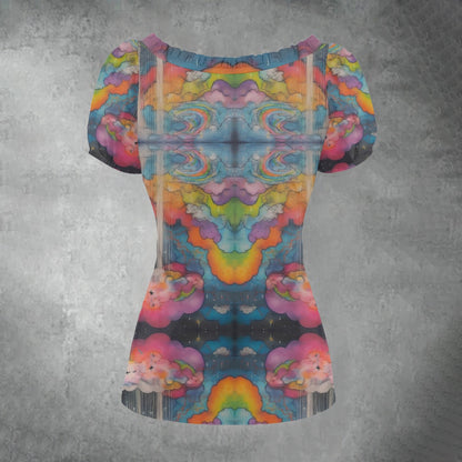 All-over print Women's Puff Sleeve Pleated Shirt
