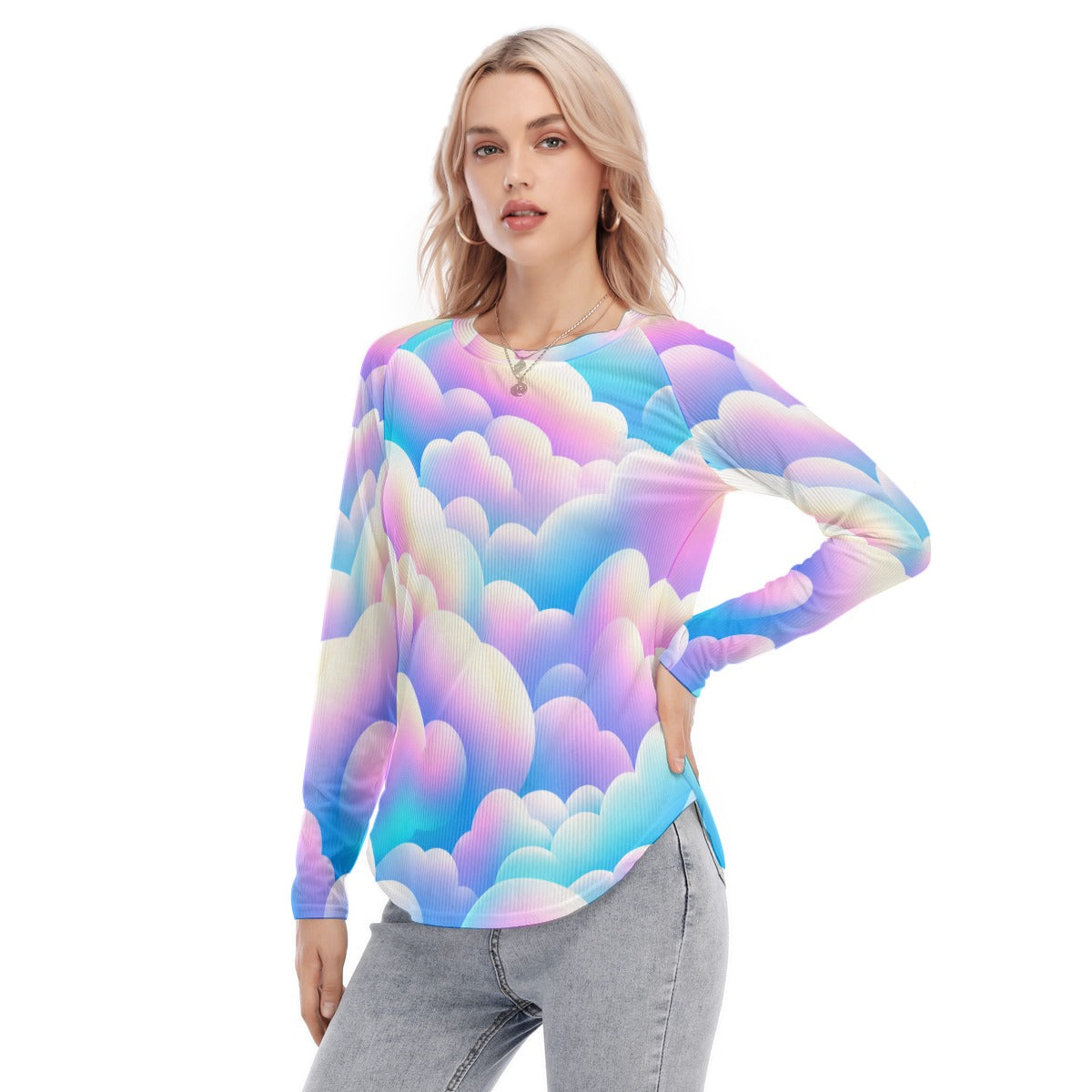 Women's Raglan Sleeves U-Shaped Hem Long Sleeves Blouse