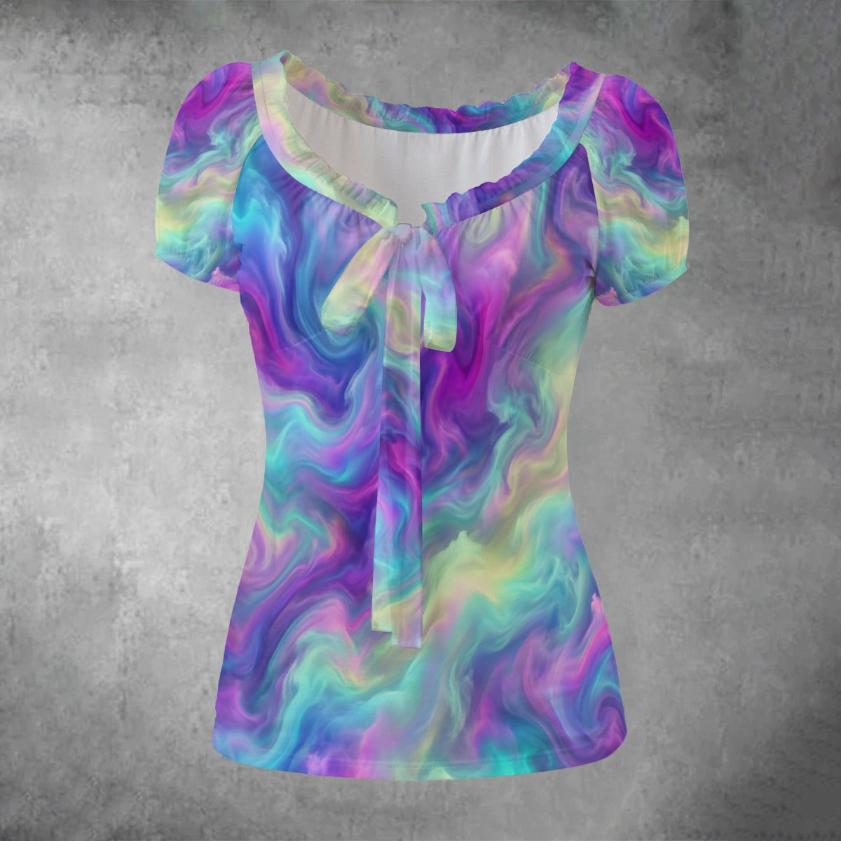 All-over print Women's Puff Sleeve Pleated Shirt