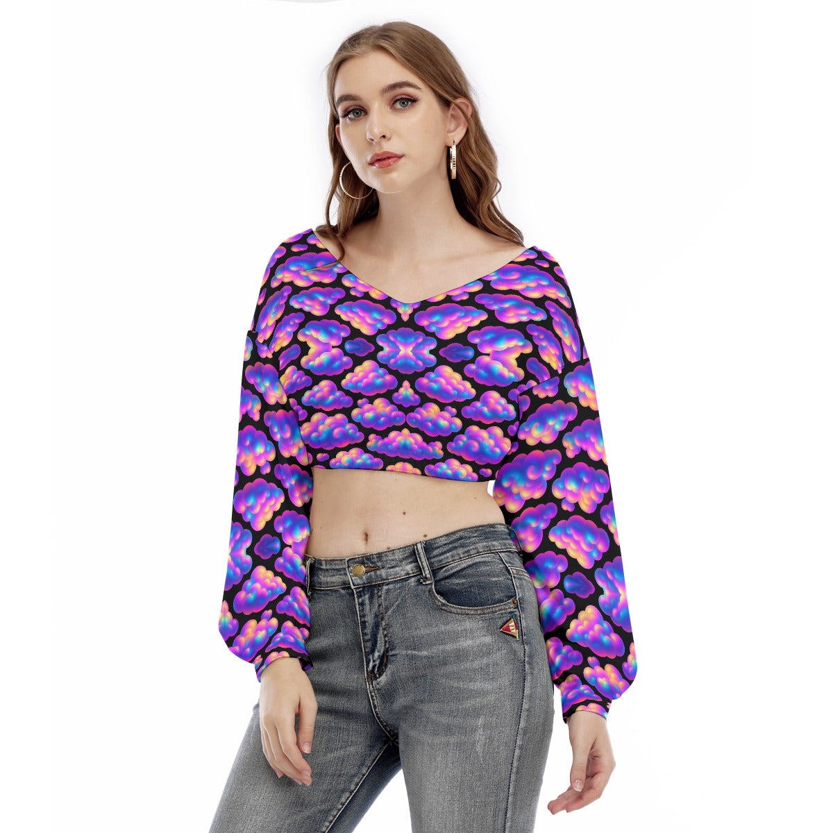 Women's V-neck Long Sleeve Cropped Sweatshirt