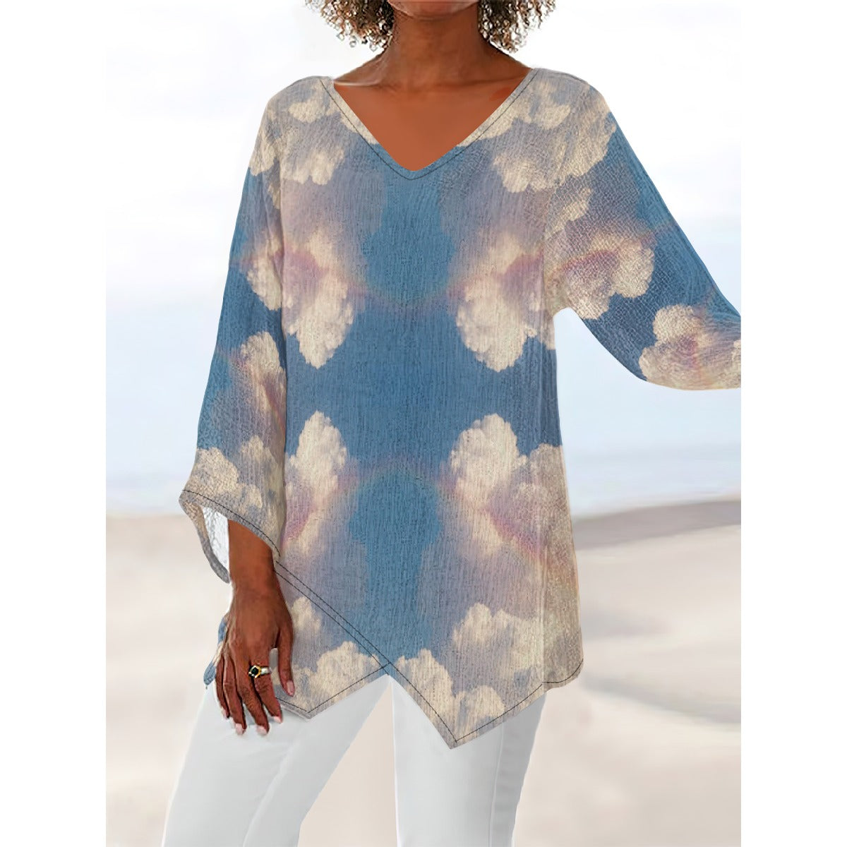 Women's V-neck T-shirt With Irregular Hem