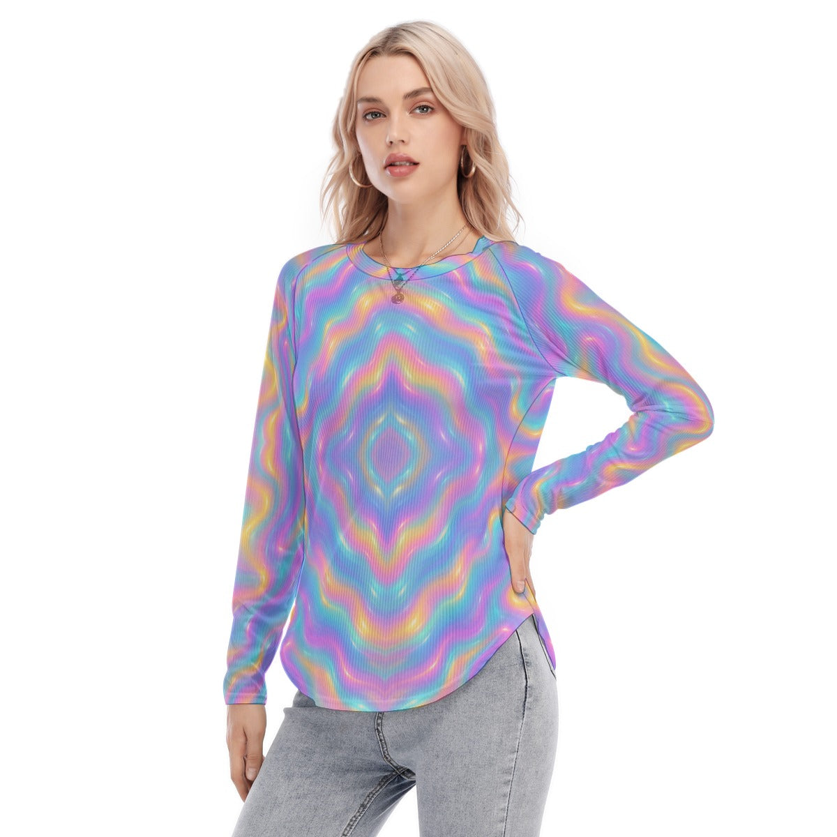 Women's Raglan Sleeves U-Shaped Hem Long Sleeves Blouse