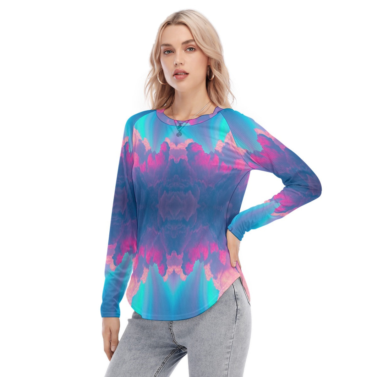 Women's Raglan Sleeves U-Shaped Hem Long Sleeves Blouse