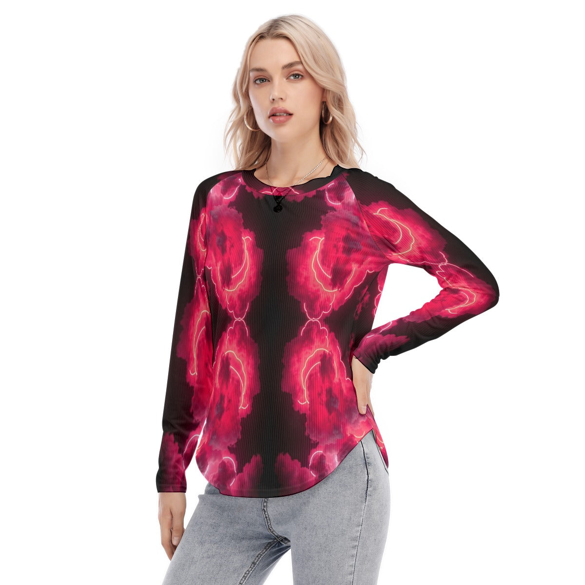 Women's Raglan Sleeves U-Shaped Hem Long Sleeves Blouse