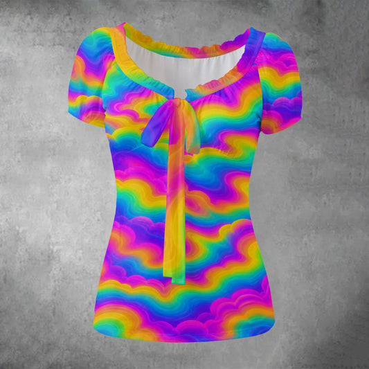 All-over print Women's Puff Sleeve Pleated Shirt
