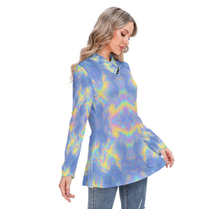 Women's Long-sleeved Heap-neck Slim Casual Tunic Blouse