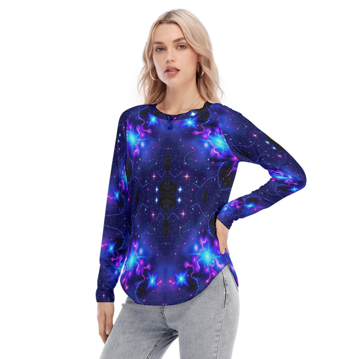 Women's Raglan Sleeves U-Shaped Hem Long Sleeves Blouse