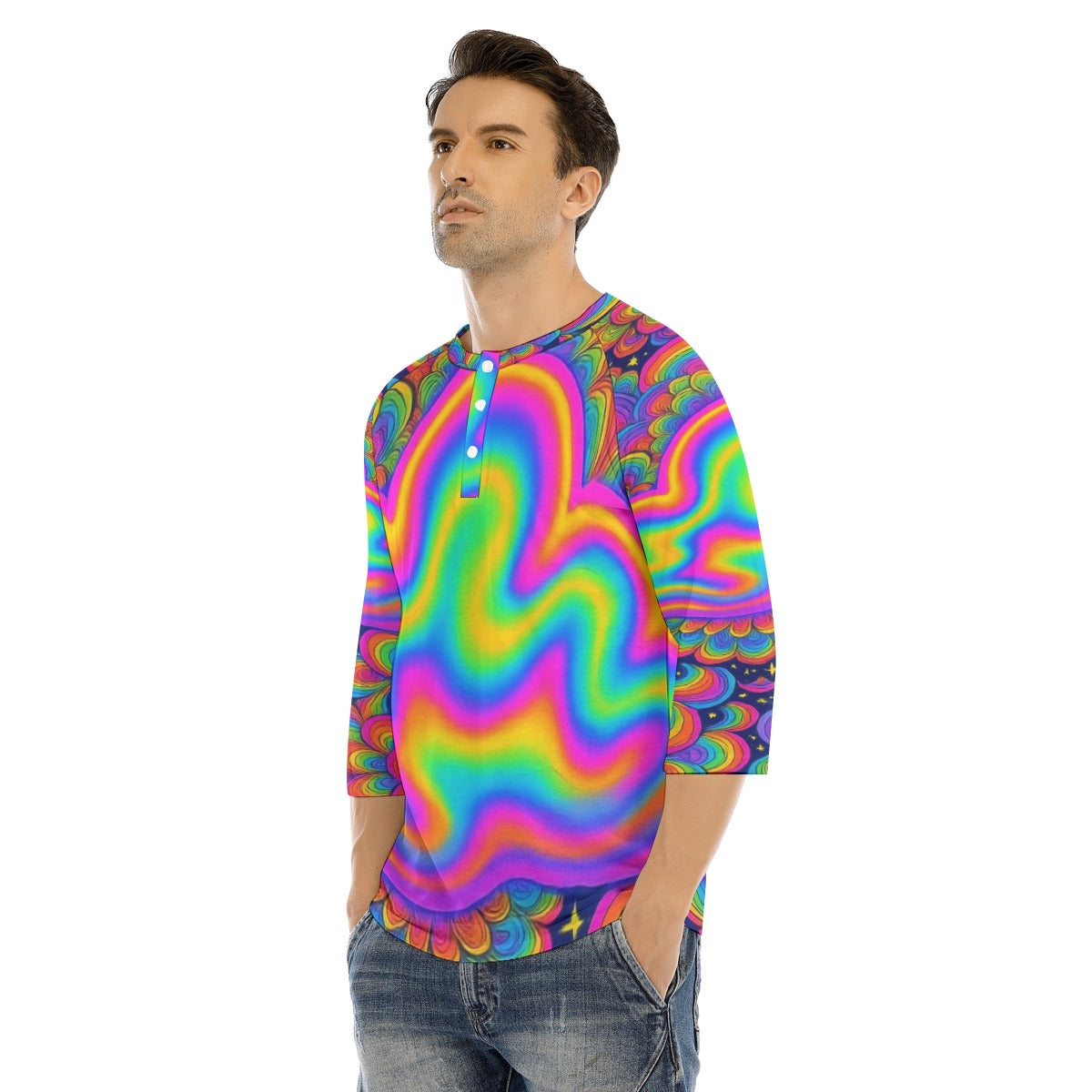 Men's Bracelet Sleeve T-shirt With Button Closure