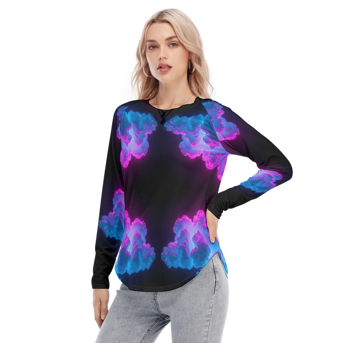 Women's Raglan Sleeves U-Shaped Hem Long Sleeves Blouse