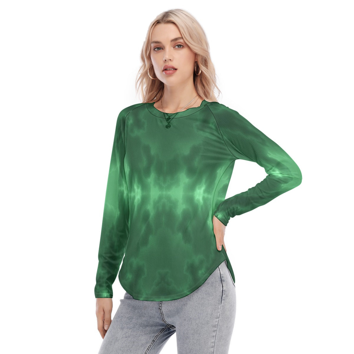 Women's Raglan Sleeves U-Shaped Hem Long Sleeves Blouse