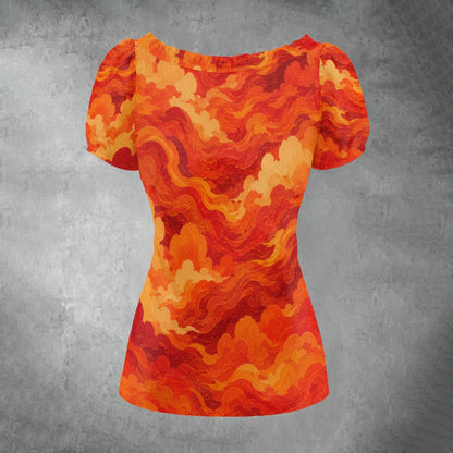 All-over print Women's Puff Sleeve Pleated Shirt