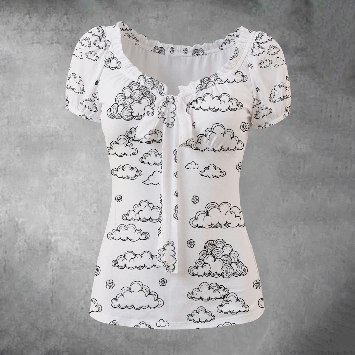 All-over print Women's Puff Sleeve Pleated Shirt