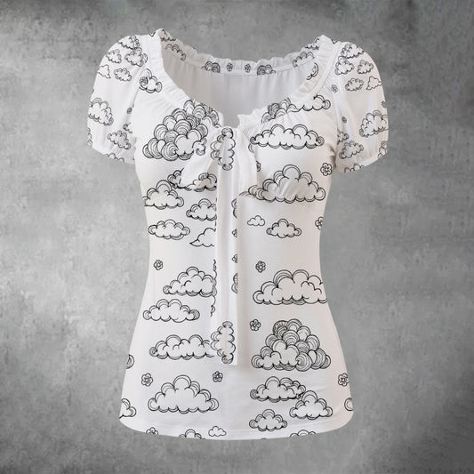 All-over print Women's Puff Sleeve Pleated Shirt