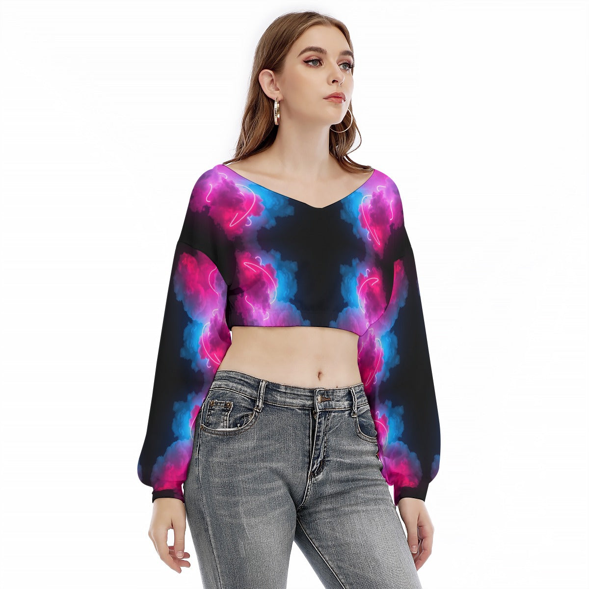 Women's V-neck Long Sleeve Cropped Sweatshirt