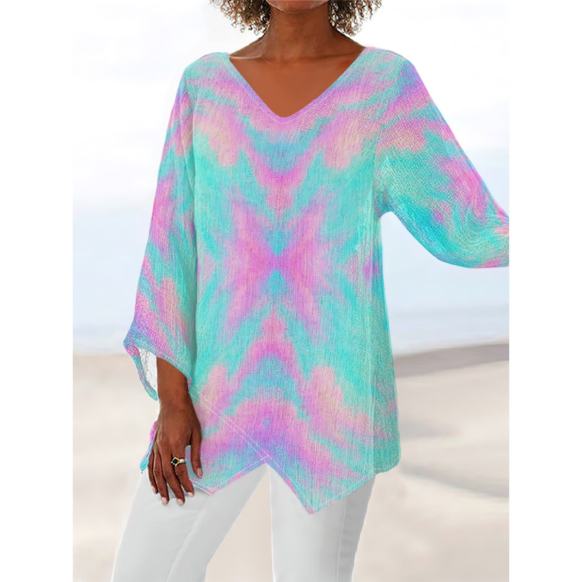 Women's V-neck T-shirt With Irregular Hem