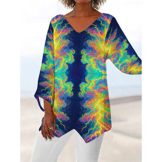 Women's V-neck T-shirt With Irregular Hem