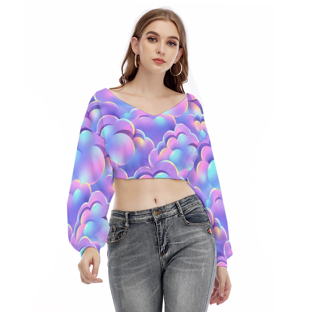 Women's V-neck Long Sleeve Cropped Sweatshirt