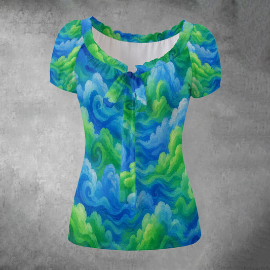 All-over print Women's Puff Sleeve Pleated Shirt