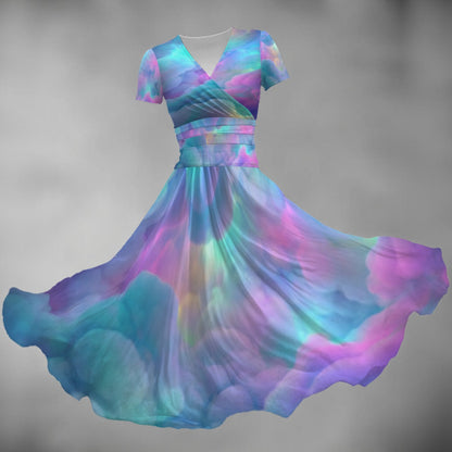All-over Print Women's Short Sleeve V Neck Midi Dress