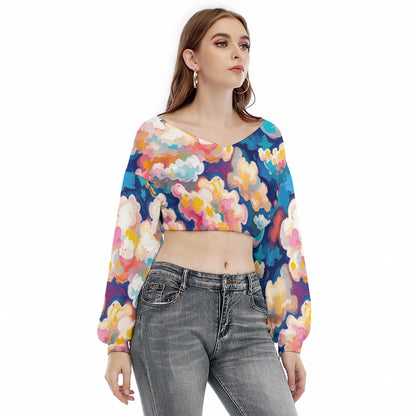 Women's V-neck Long Sleeve Cropped Sweatshirt