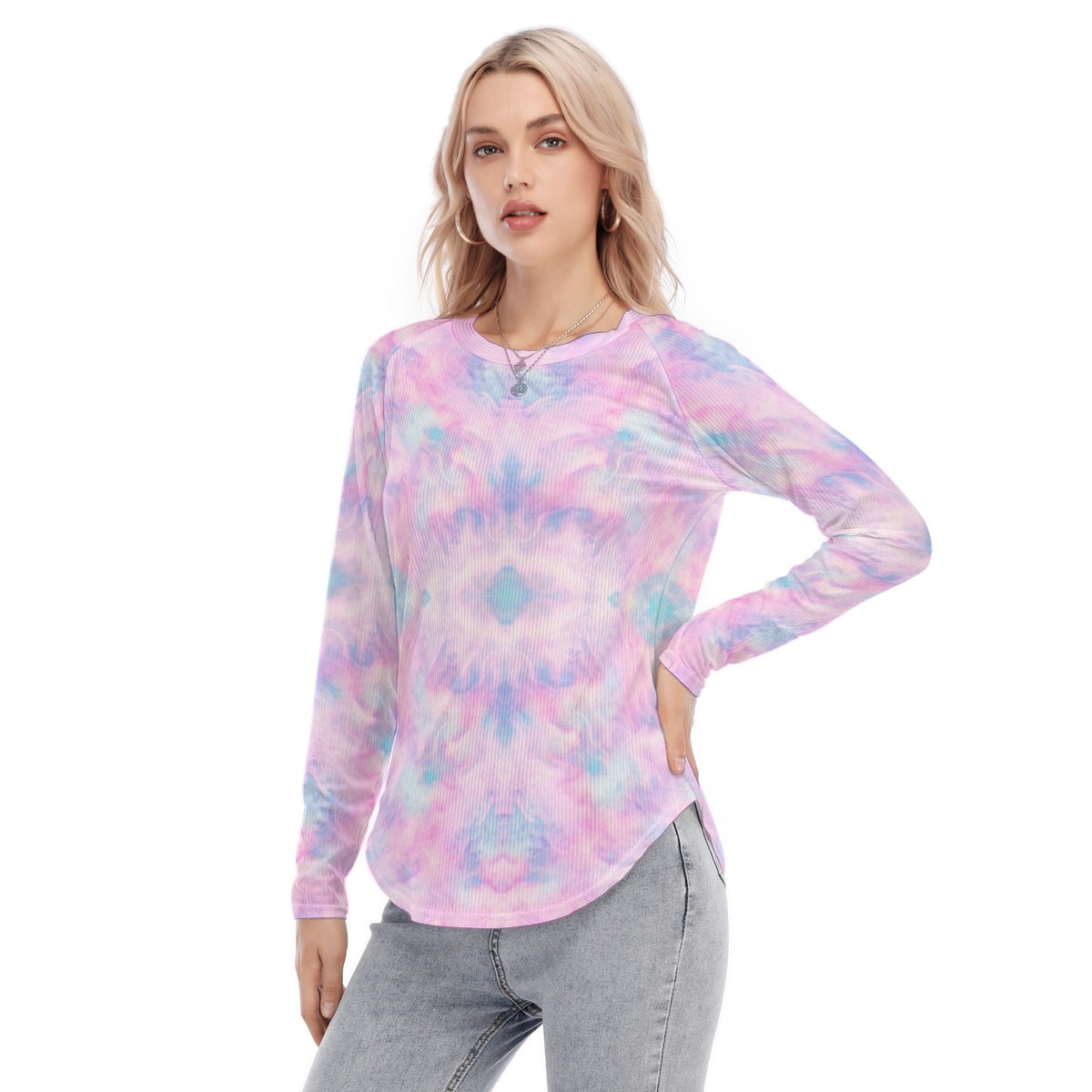Women's Raglan Sleeves U-Shaped Hem Long Sleeves Blouse