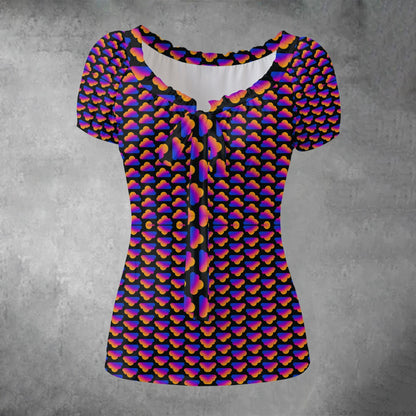 All-over print Women's Puff Sleeve Pleated Shirt