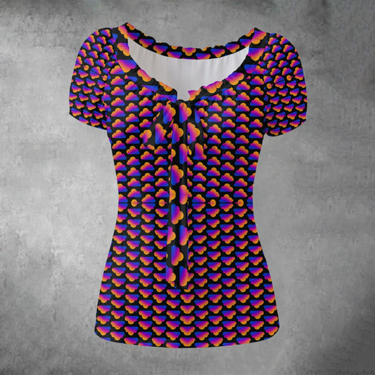 All-over print Women's Puff Sleeve Pleated Shirt