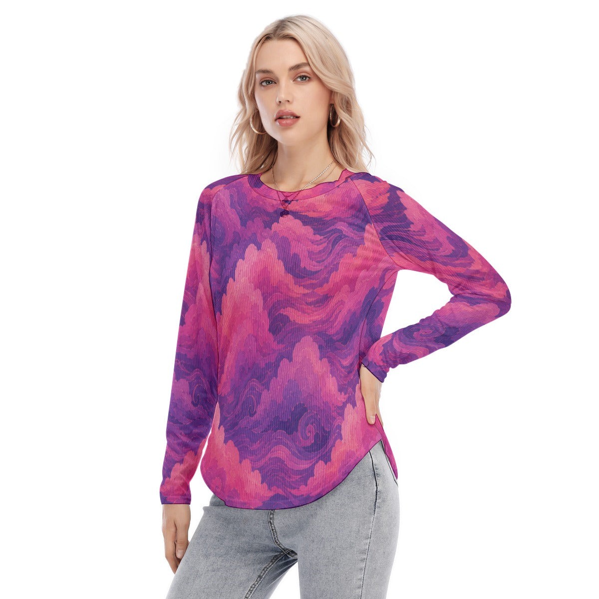 Women's Raglan Sleeves U-Shaped Hem Long Sleeves Blouse