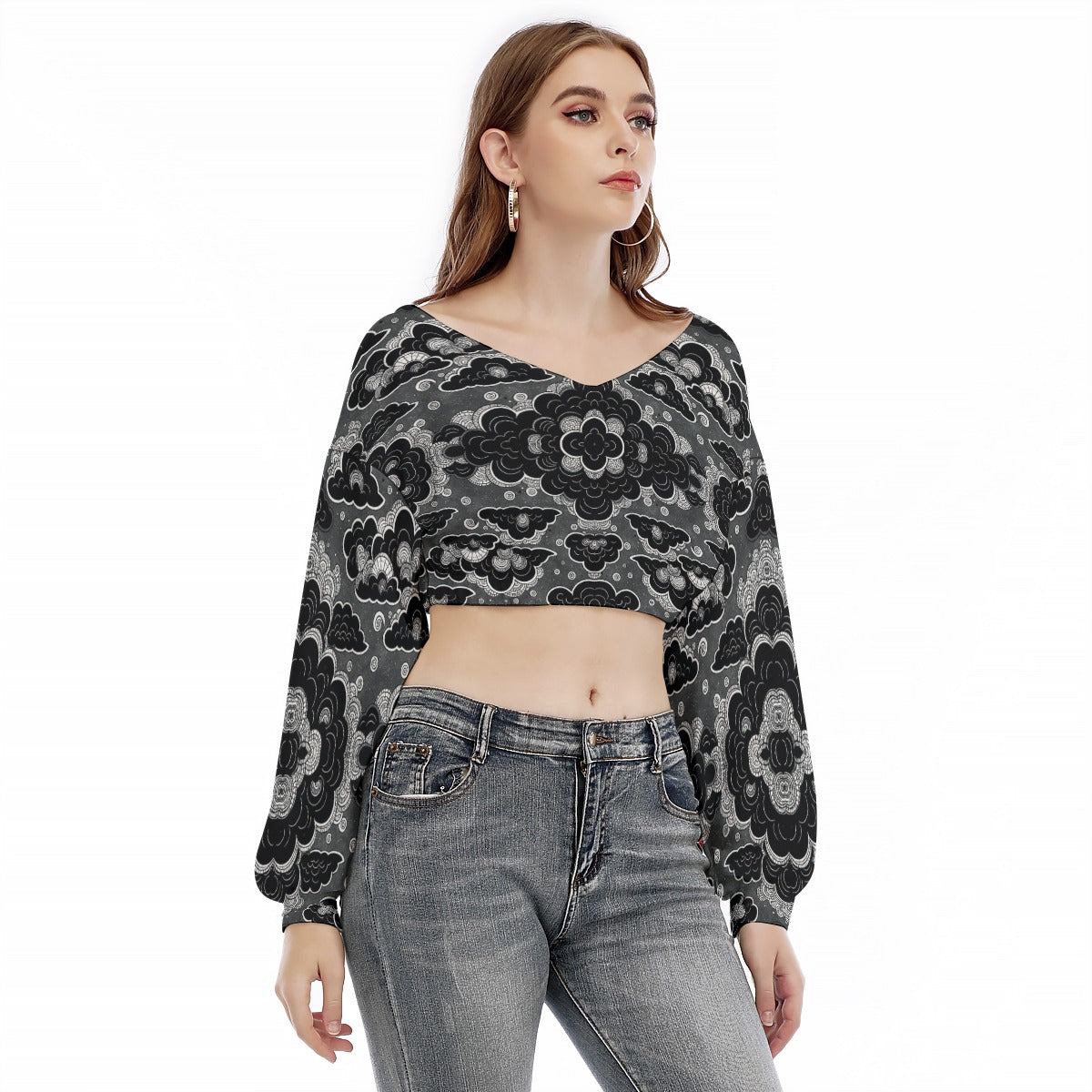Women's V-neck Long Sleeve Cropped Sweatshirt