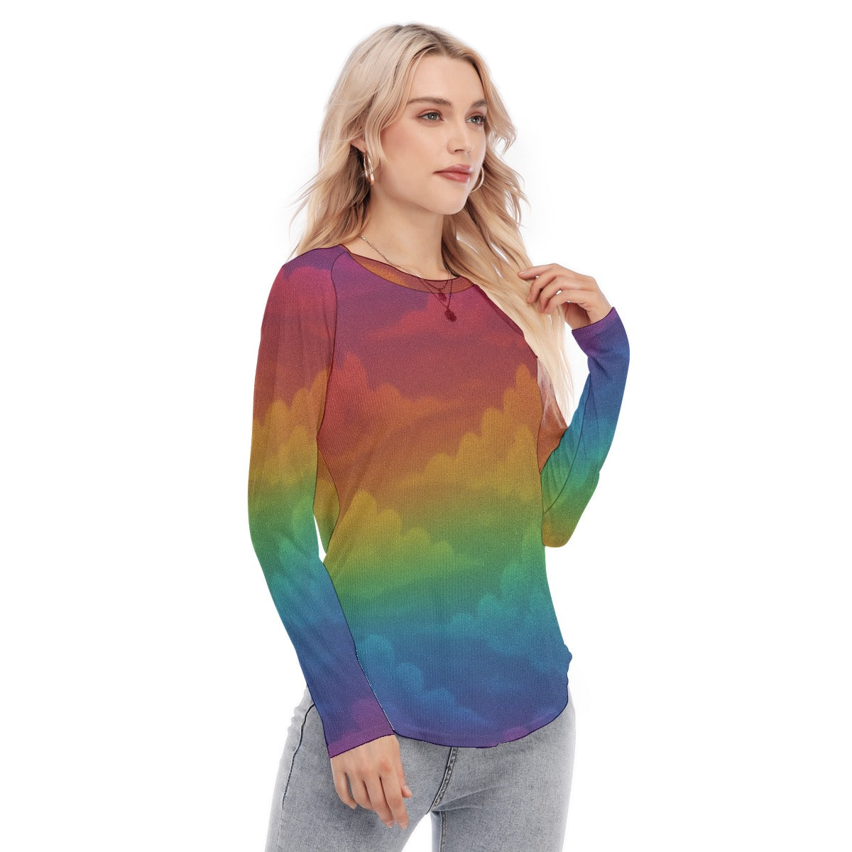 Women's Raglan Sleeves U-Shaped Hem Long Sleeves Blouse